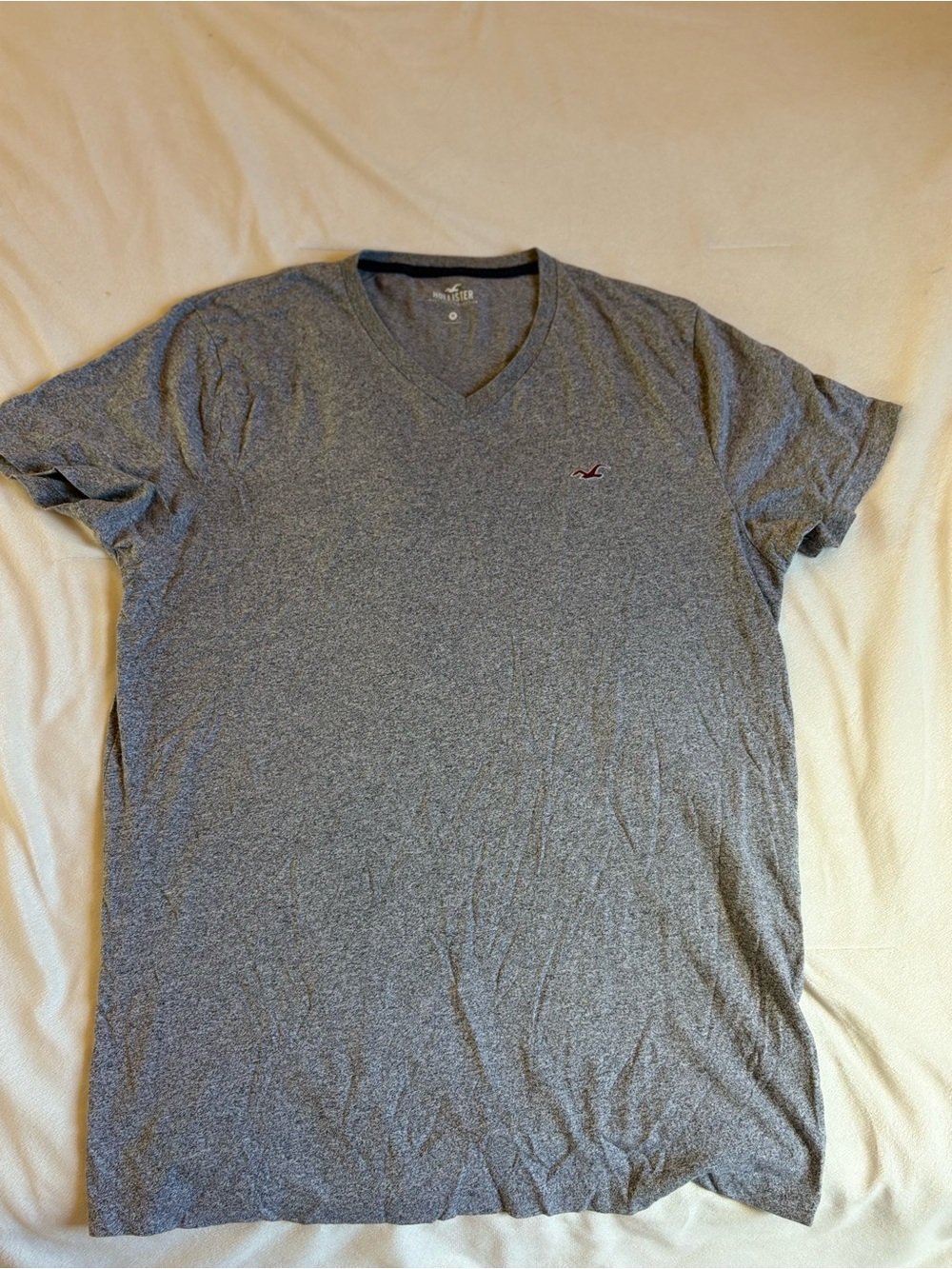 Hollister Men's Heather Gray V-Neck Tee with Maroon Logo